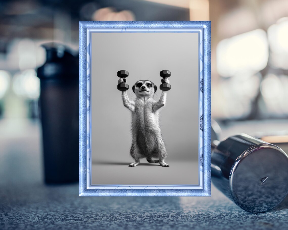 Funny Meerkat Lifting Two Dumbbells Gym Workout Animal Poster