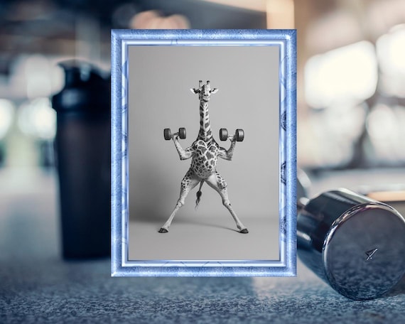 Funny Giraffe Lifting Dumbbells Gym Workout Humorous Animal Poster