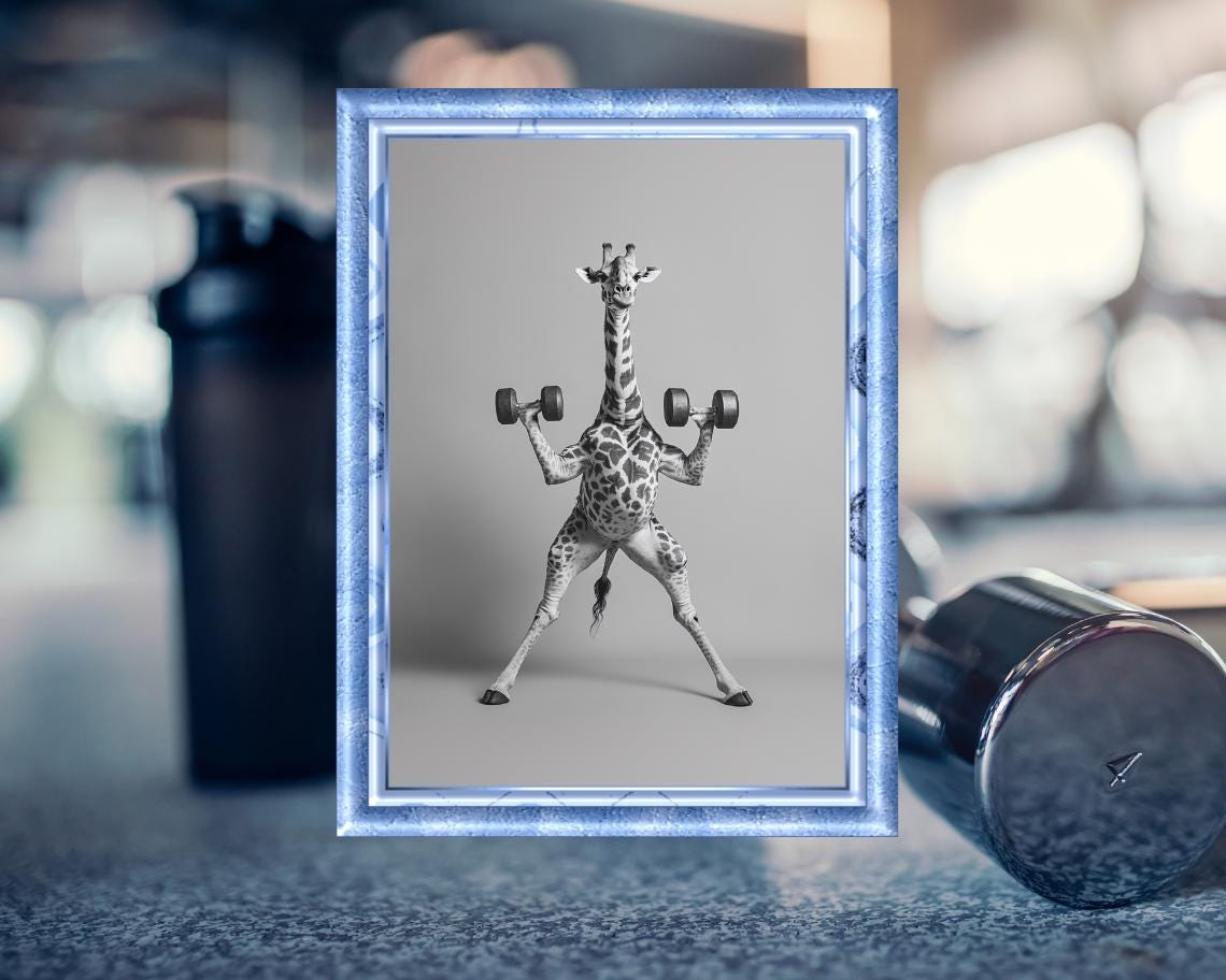 Funny Fitness Poster Giraffe With Dumbbells Humorous Animal Art Gift For Fitness Fans Animal Illustration