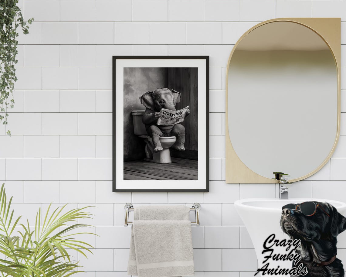 Baby Elephant Reading a Newspaper on the Toilet Funny Poster - Image 2