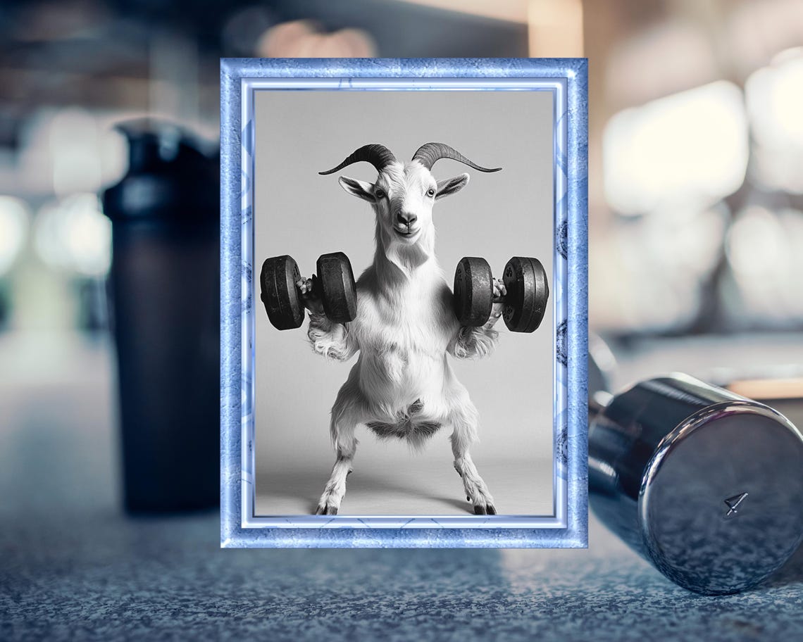 Funny White Goat Lifting Dumbbells Gym Workout Animal Poster