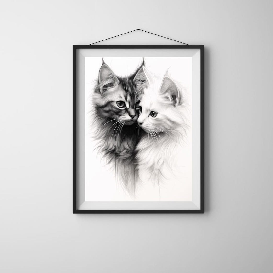Kitten Companionship Print Black And White Illustration