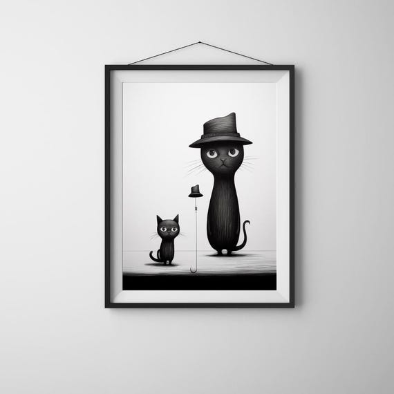 Stylish Cat Art Quirky Illustration Wall Decor Hatwearing Cats Poster Cute