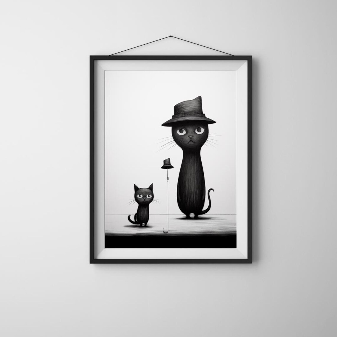 Stylish Black Cat Tall Hat Quirky Minimalist Whimsical Feline Art Poster