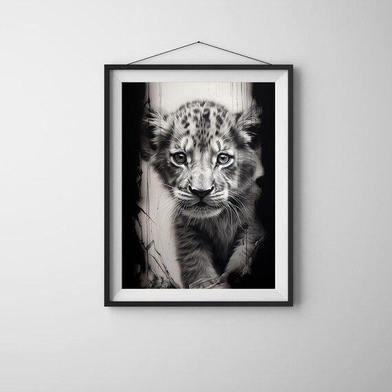 Focused Lion Cub Art Fierce Baby Peering Through Graffiti Wall Black White Bold Safarithemed Poster