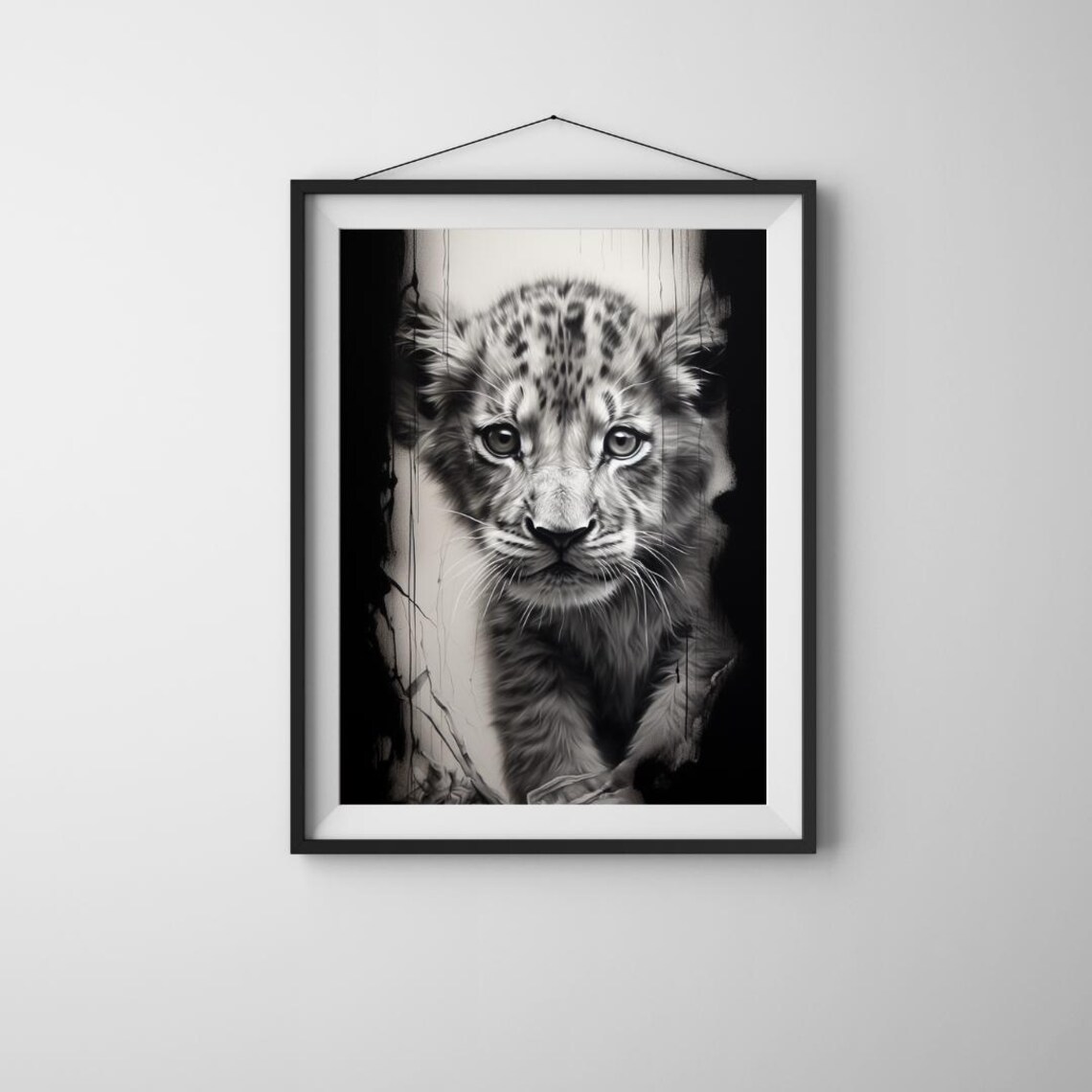 Focused Lion Cub Art Fierce Baby Peering Through Graffiti Wall Black White Bold Safarithemed Poster