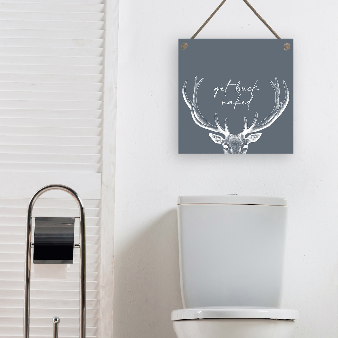 Get Buck Naked Funny Deer Antler Bathroom Quote Sign Wall Poster - Image 2