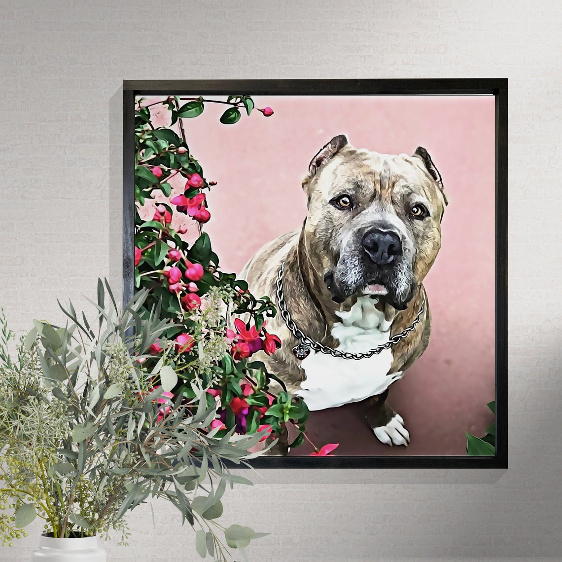 Custom Oil Effect Brindle Pit Bull Dog Portrait With Flowers Wall Art