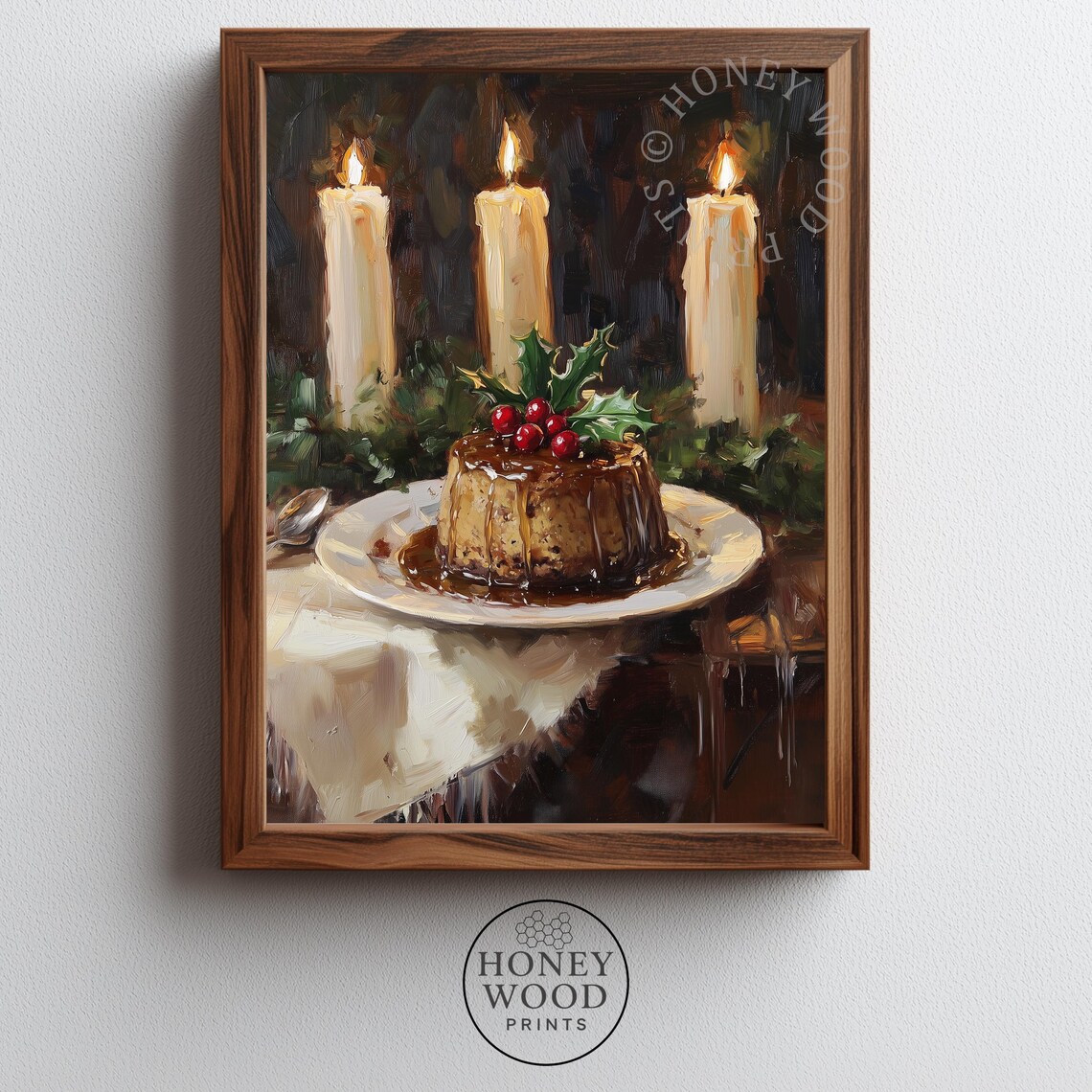 Vintage Figgy Pudding with Holly Berries and Candles Christmas Dessert Poster
