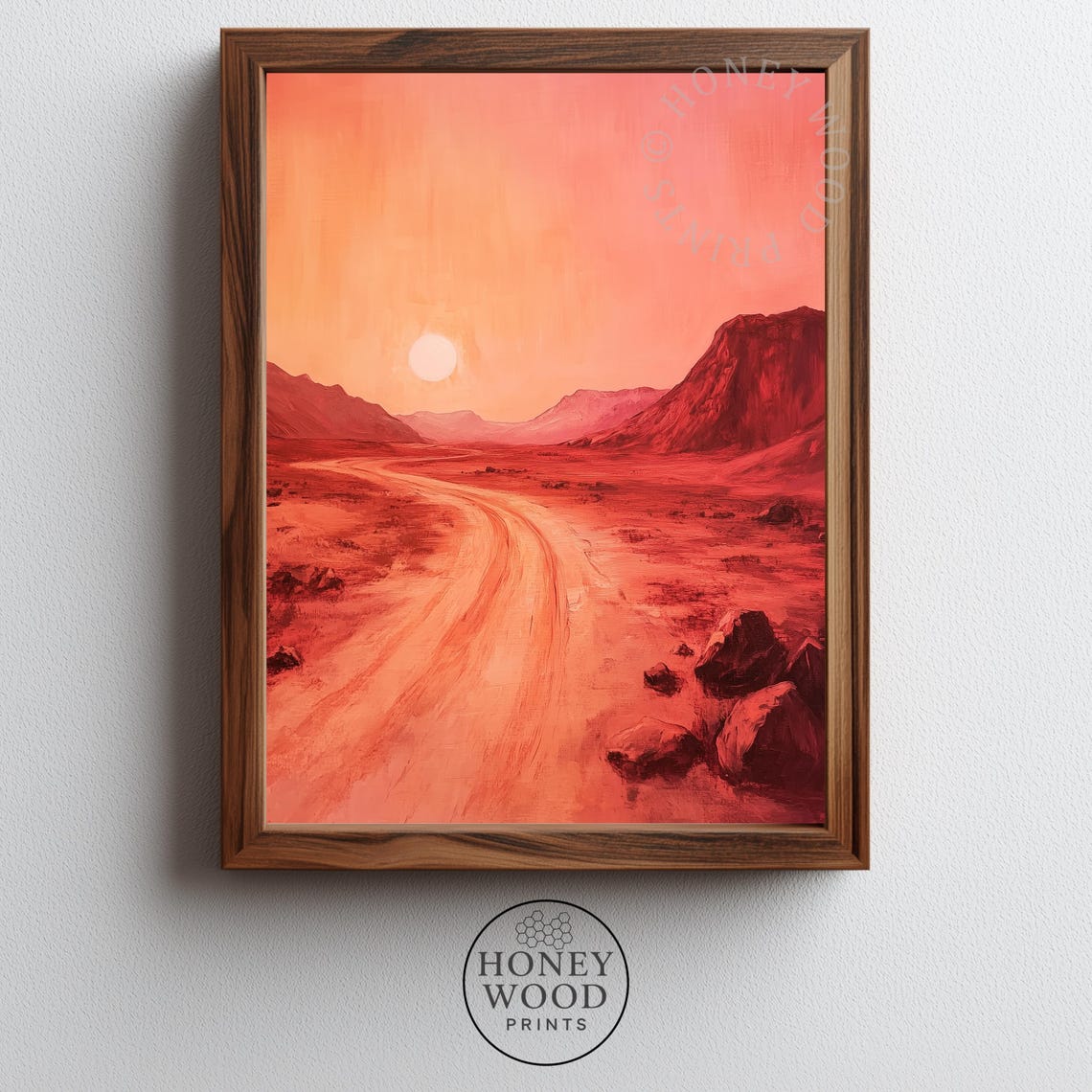 Deep Martian Desert Winding Road Under Rosy Alien Sky Art Poster