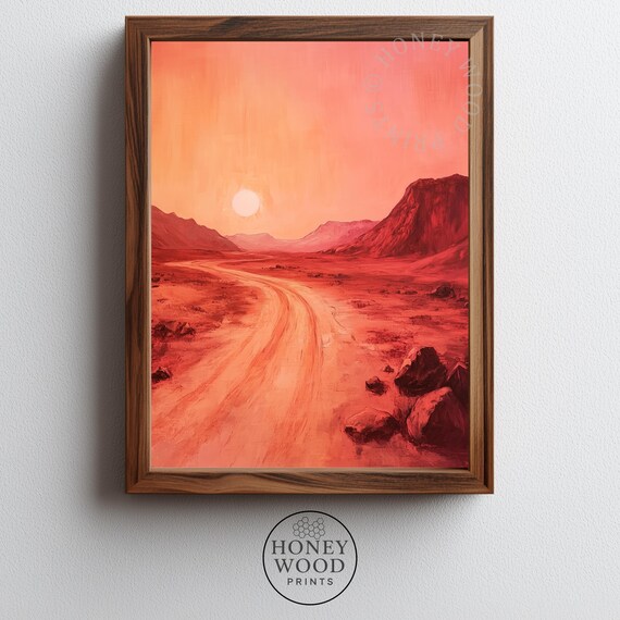 Martian Landscape Moody Scifi Painting Rosy Sky Mars Scene Atmospheric Pinktinged Art Spacethemed Wall Decor 207