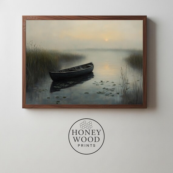 Moody Rowboat On Misty Bog Neutral Toned Landscape Painting Rustic Water Scene Serene Wall Art 150