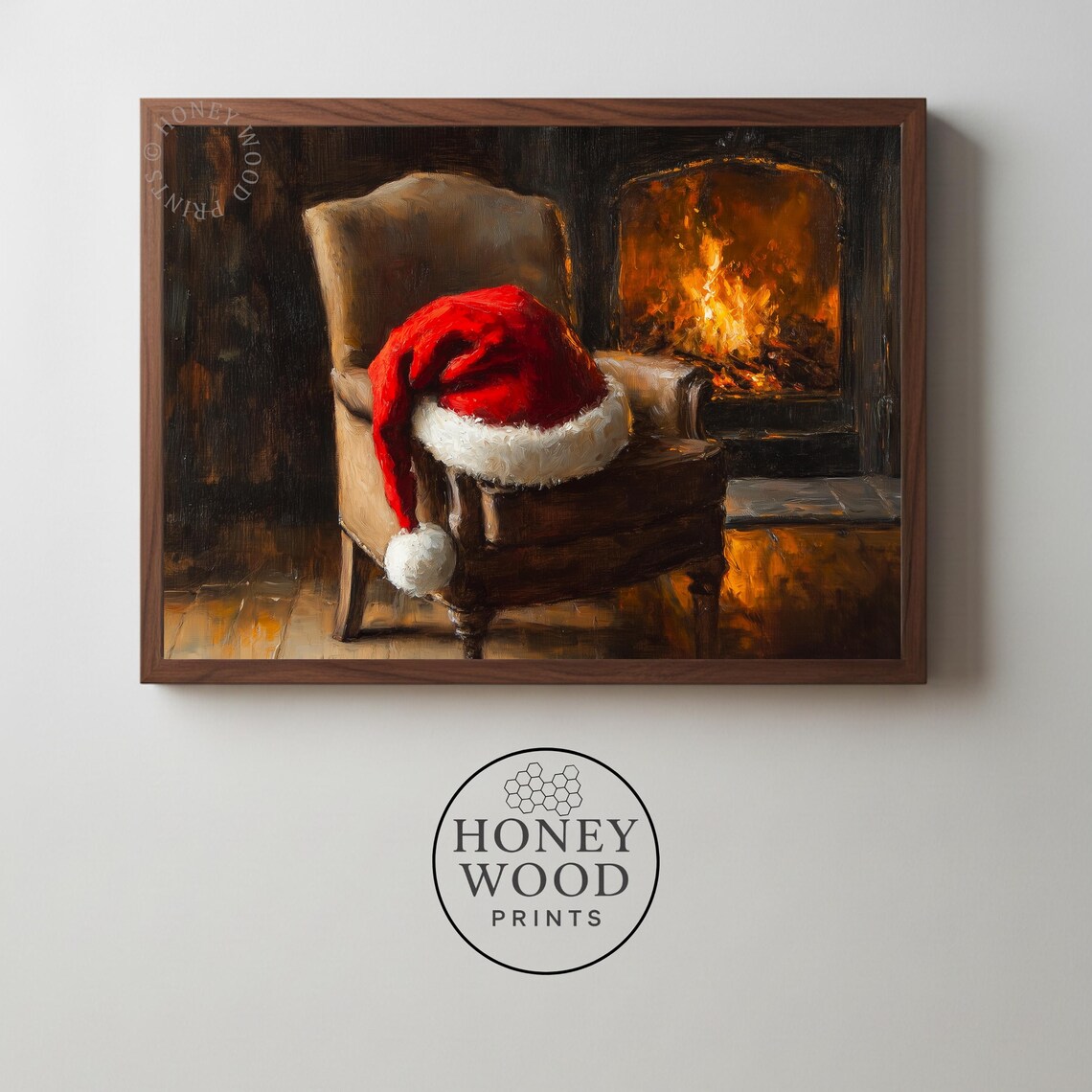 Rustic Santa Hat on Cozy Armchair Fireplace Christmas Wall Art