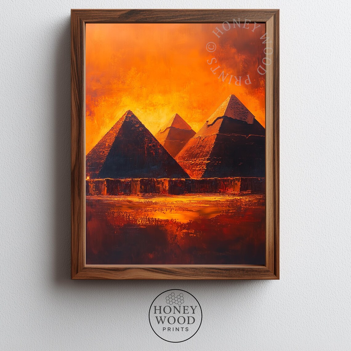 Great Pyramids Of Giza At Sunset Fiery Desert Oil Painting Print