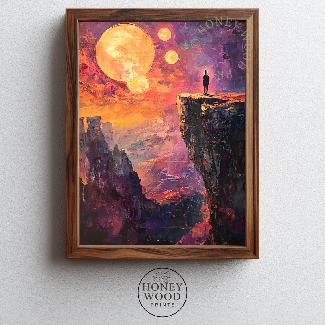 Solitary Figure Cliff Edge Under Twin Moons Moody Art Poster