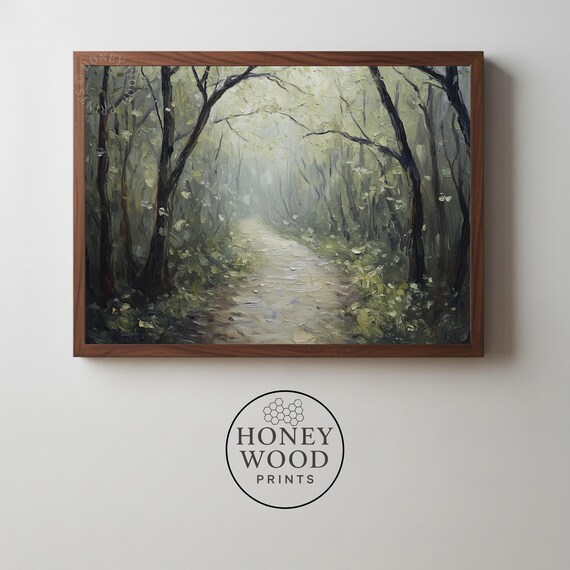 Misty Forest Path In Early Spring Tranquil Wall Art Moody Landscape Painting Rustic Nature Decor 15