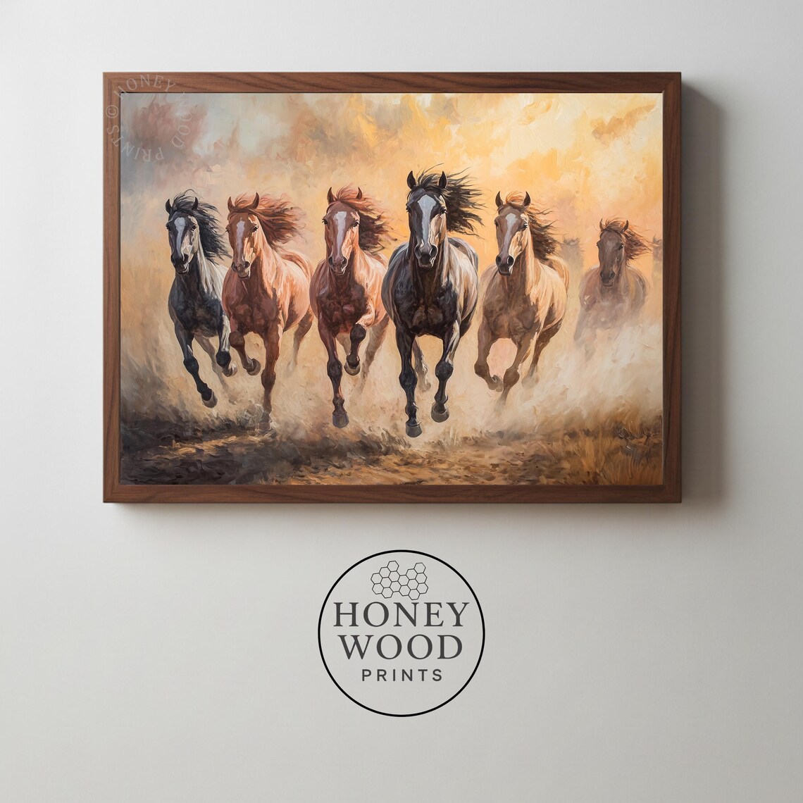 Wild Horses Galloping Golden Hour Dust Western Oil Painting Poster
