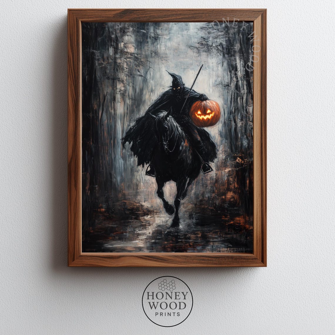 Gothic Headless Horseman Painting Moody Halloween Decor Spooky Forest Scene Dramatic Autumn Wall Art 318