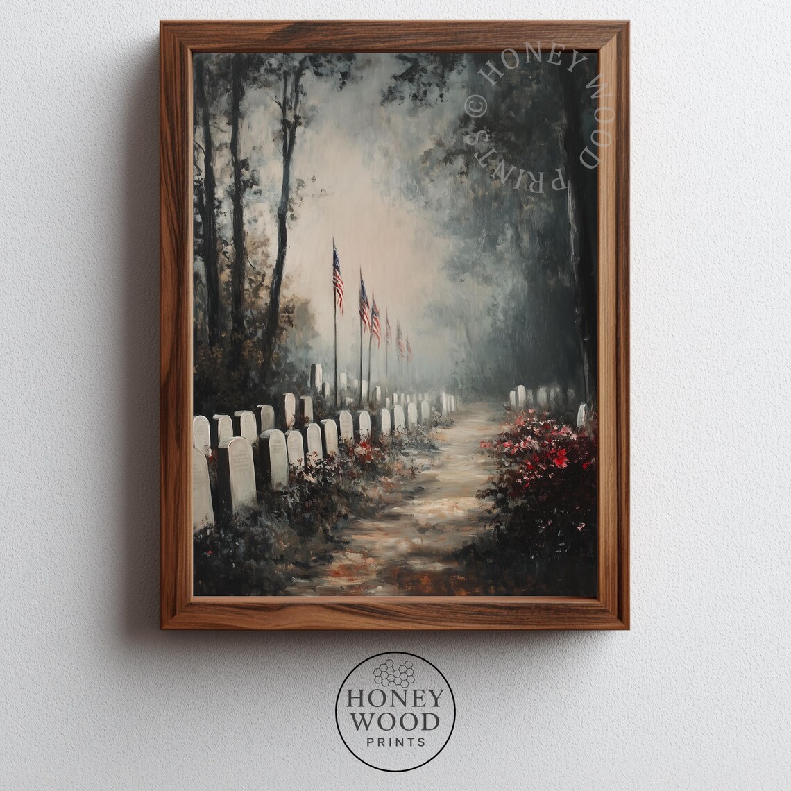 Military Cemetery Flags Misty Memorial Reflective Art Poster