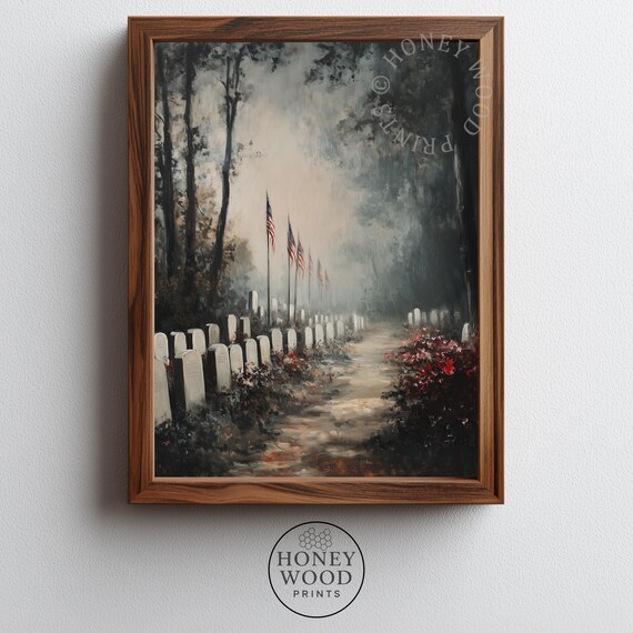 Moody Cemetery Scene Reflective Morning Landscape Art Somber Memorial With Flags Tranquil Vintage Decor 132