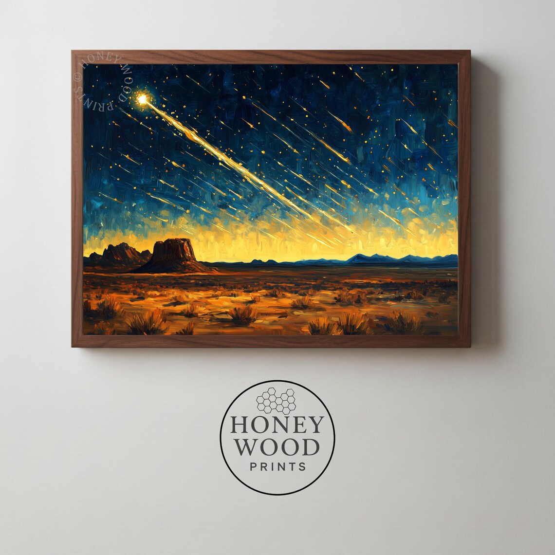 Meteor Shower Over Desert Night Sky Golden Meteors Cosmic Wall Art