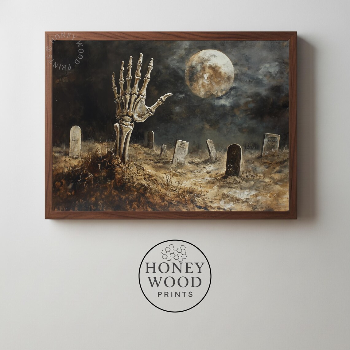 Skeletal Hand Rising Graveyard Full Moon Gothic Halloween Poster