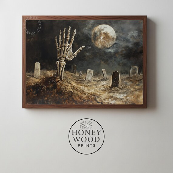 Spooky Halloween Hand In Graveyard Gothic Skeletal Painting Moody Atmosphere With Full Moon Fog Dramatic Wall Art 196