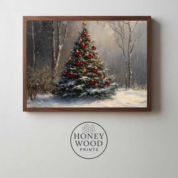 Frosted Evergreen Tree With Red And Gold Baubles Festive Christmas Painting Moody Holiday Art Cozy Winter Wall Decor 182