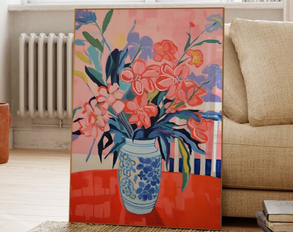 Pink Bouquet Chinoiserie Vase Bold Floral Statement Art Poster