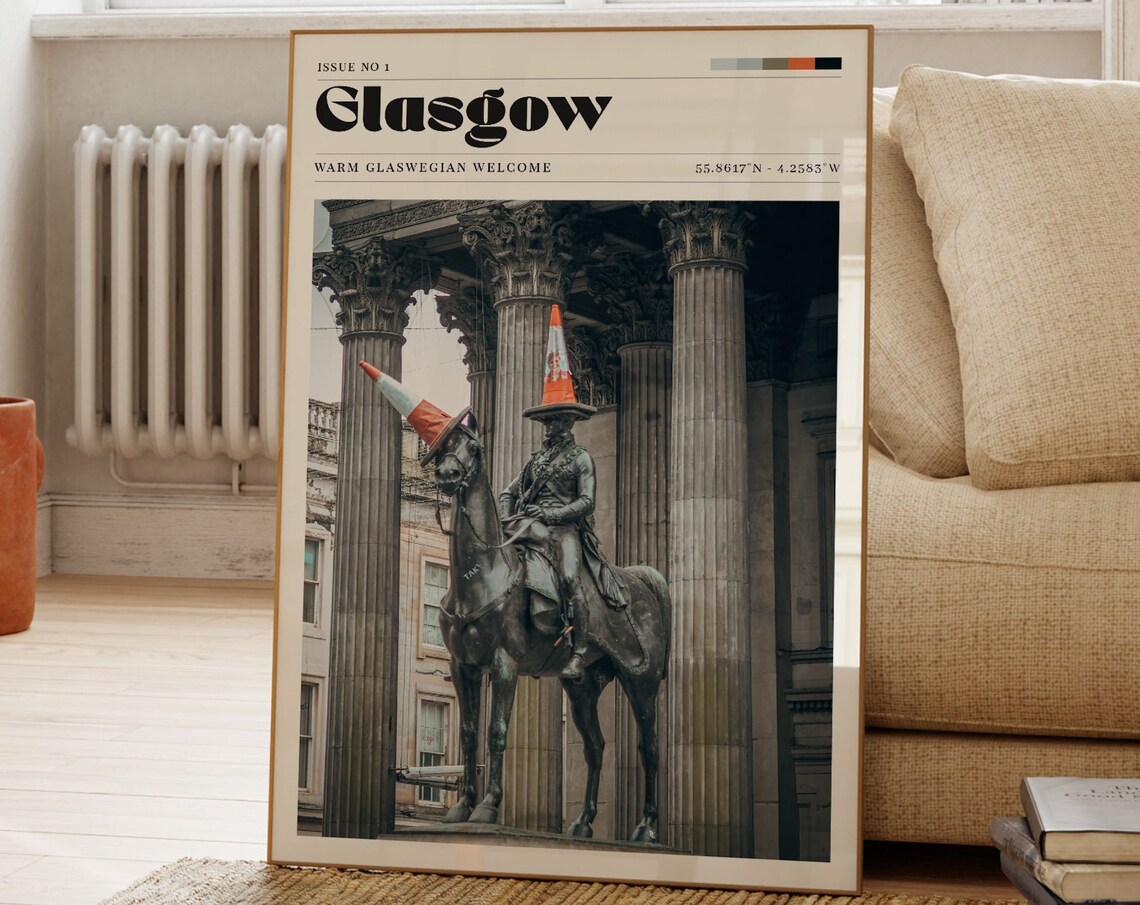 Glasgow Scotland Duke of Wellington Travel Poster Cone Statue Photography Art