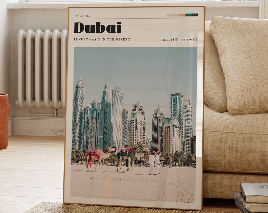 Dubai Beach Camels And Skyline Photography Travel Poster Desert
