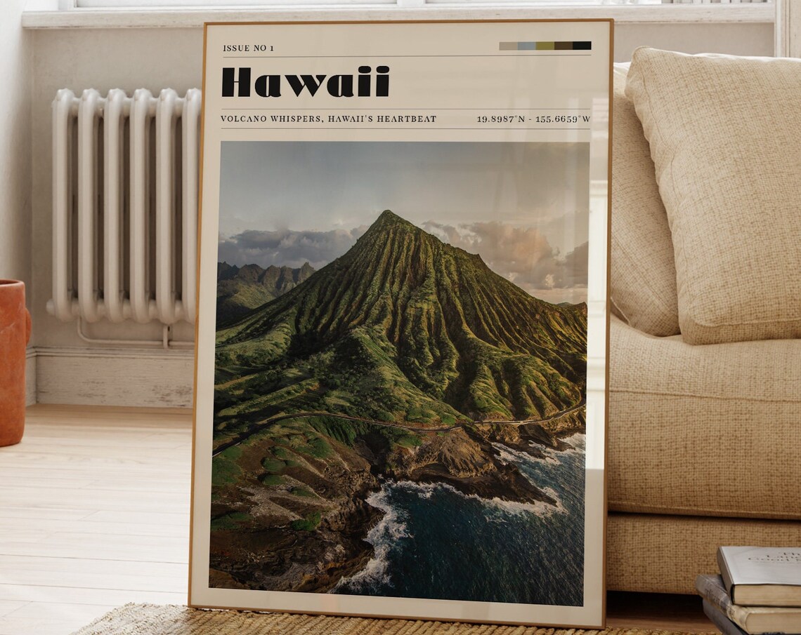 Hawaii Volcanic Peak Coastline Magazine Style Island Travel Poster