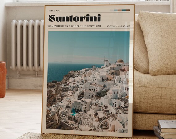 Santorini Greece Retro Travel Poster Magazine Style Aegean Photo
