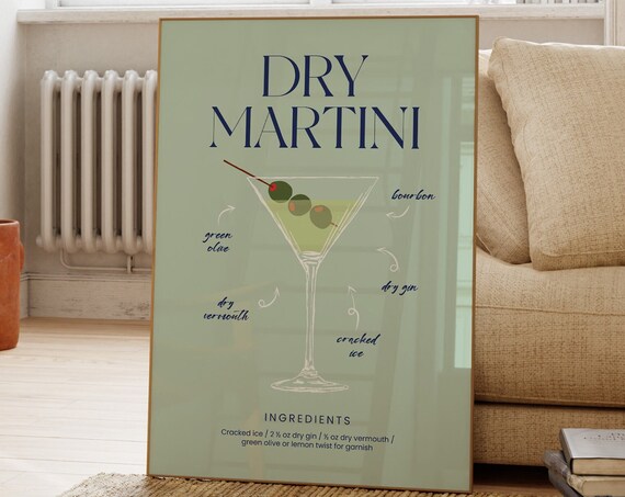 Dry Martini Cocktail Recipe Illustration Sage Green Bar Poster