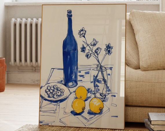 Blue Ink Lemon Still Life Bottle Flowers Line Sketch Art Poster