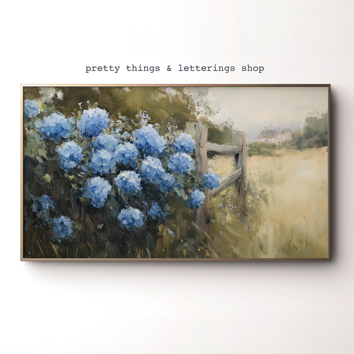 Spring Blue Hydrangeas Countryside Painting