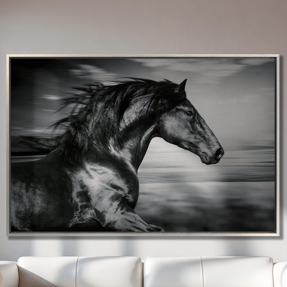 Black Horse Running Dramatic Monochrome Equine Large Wall Art