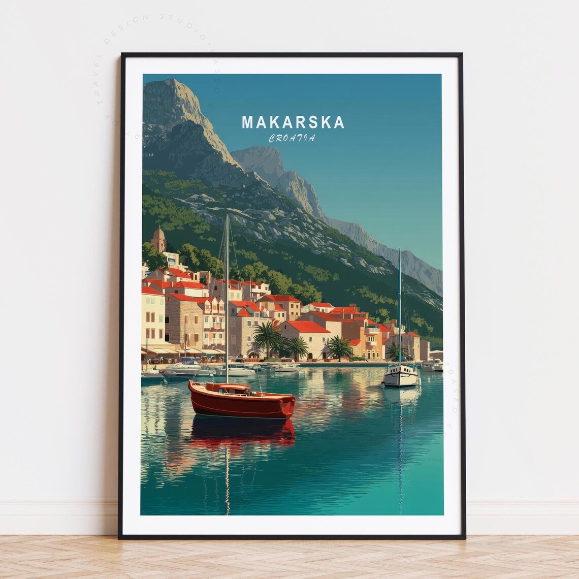 Makarska Croatia Harbor Red Boat Mountain Retro Travel Poster