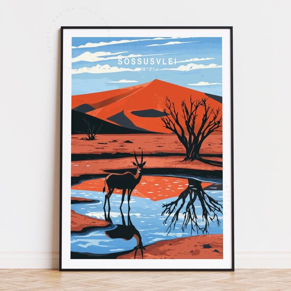 Sossusvlei Namibia Oryx Reflection Red Dune Water Travel Poster