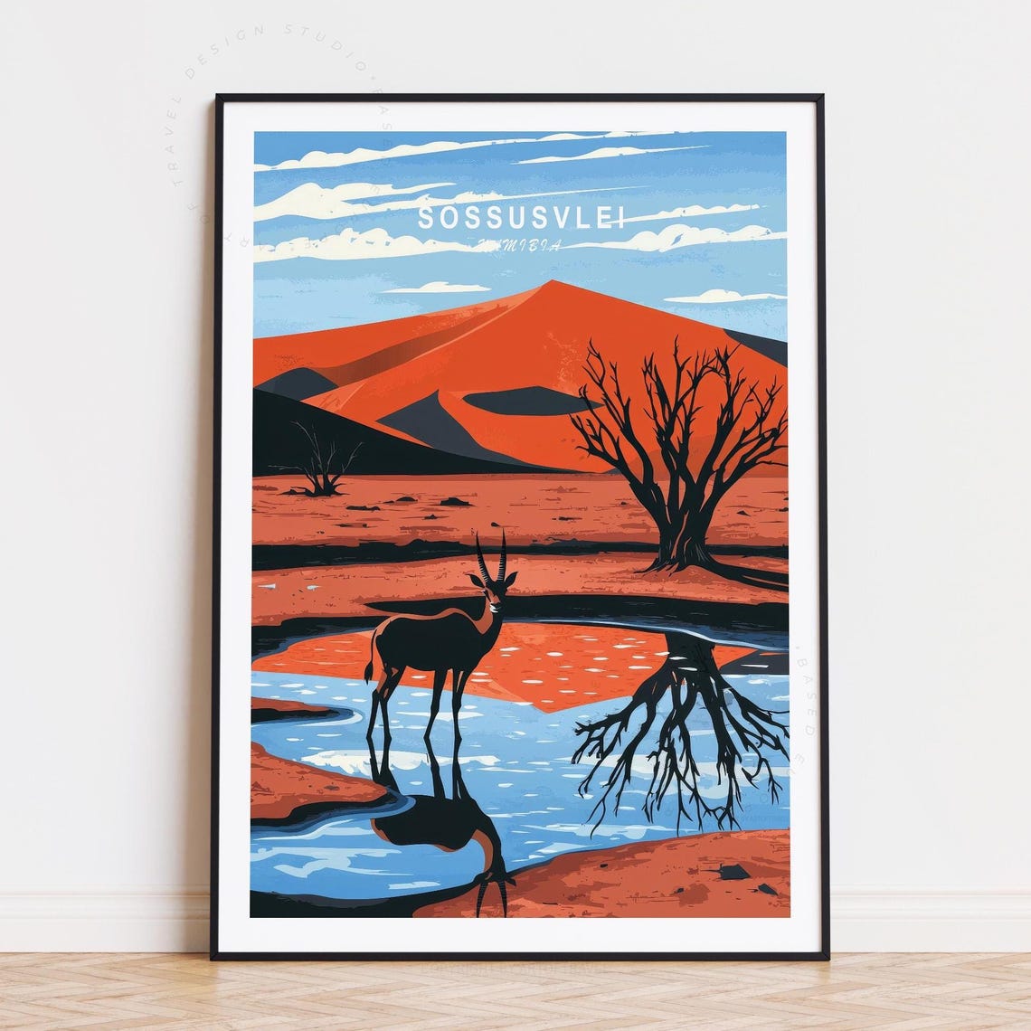 Sossusvlei Namibia Oryx Reflection Red Dune Water Travel Poster