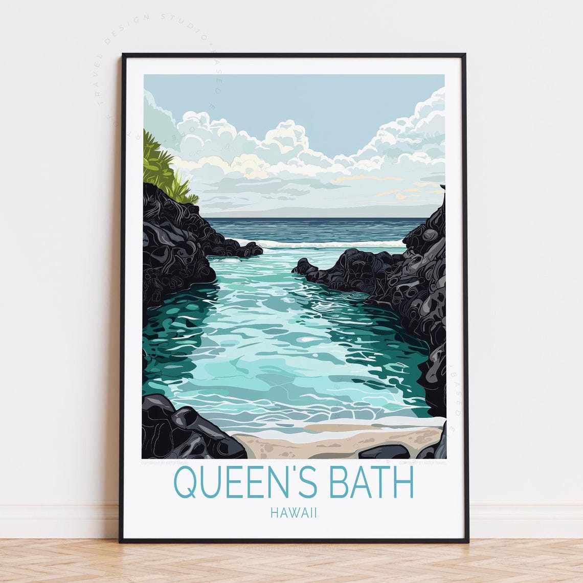 Queen's Bath Kauai Hawaii Lava Rock Tide Pool Ocean Vintage Poster