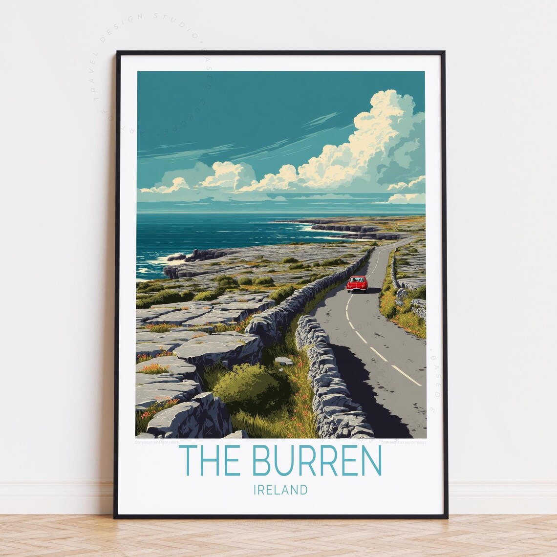 The Burren Ireland Coastal Road Trip With Red Car Travel Poster