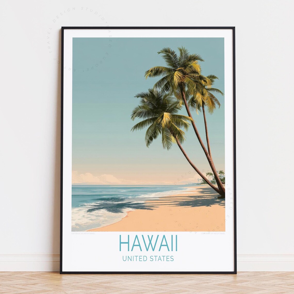 Hawaii USA Palm Beach Sunset Ocean Vintage Retro Travel Poster