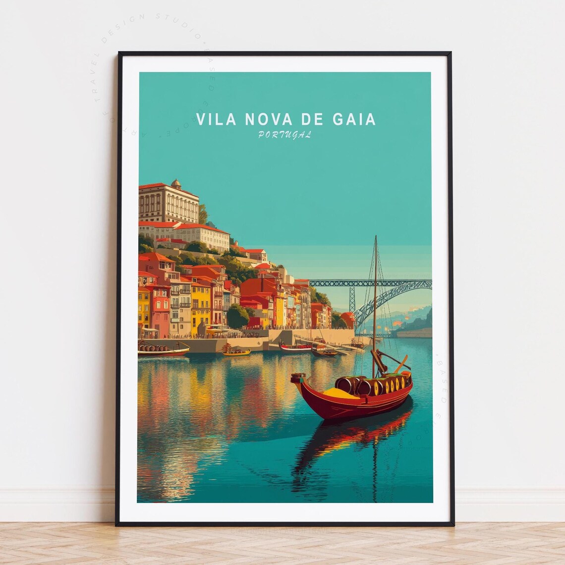 Vila Nova de Gaia Portugal Riverside Bridge Rabello Boat Travel Poster