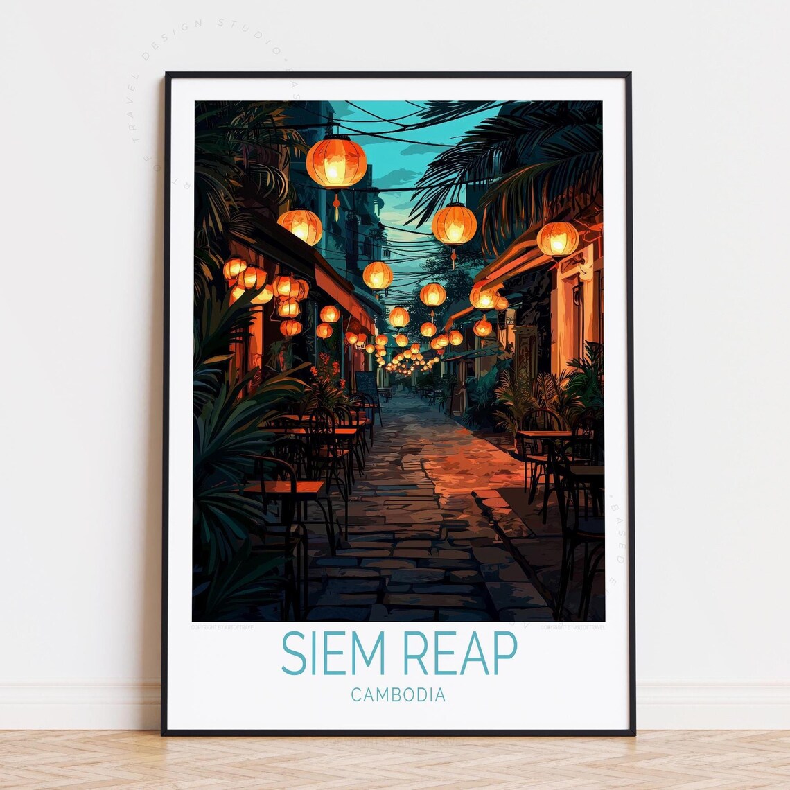 Siem Reap Cambodia Lantern Lit Night Street Cafe Glow Scene Poster