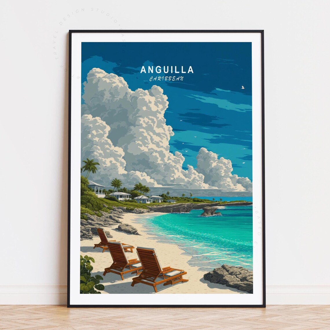 Anguilla Caribbean Beach Lounge Chairs Turquoise Water Travel Art Poster