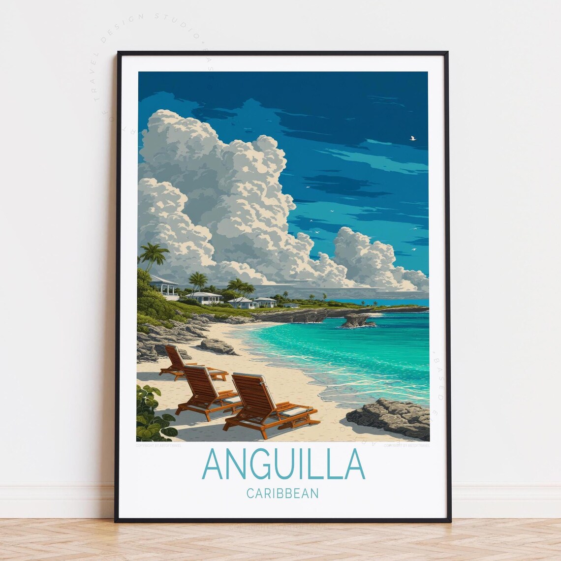 Anguilla Caribbean Beach Lounge Chairs Turquoise Sea Travel Poster