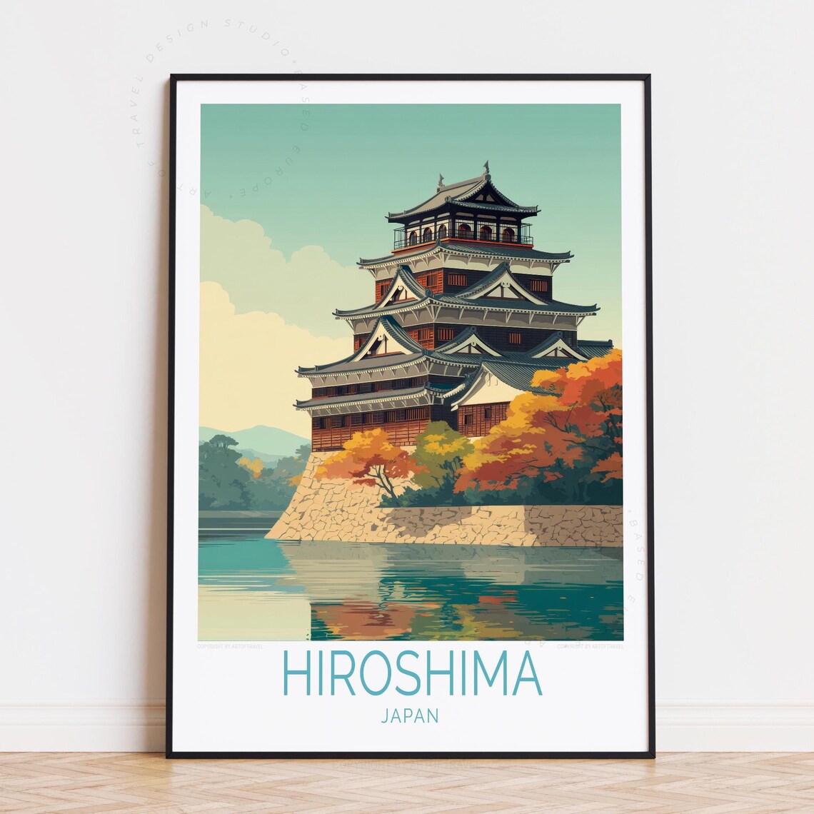 Hiroshima Japan Castle Autumn Moat Reflection Scenic Travel Poster
