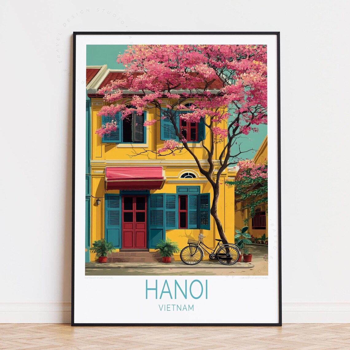 Hanoi Vietnam Yellow Colonial Street Blossom Scene Travel Poster