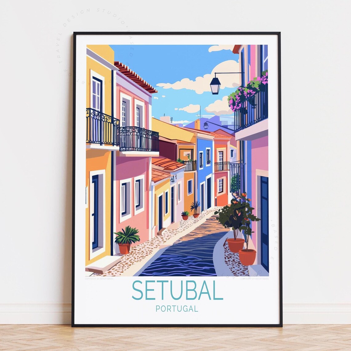 Setubal Portugal Colorful Old Town Street Facades Travel Poster